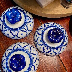 Vintage Blue & White Porcelain Bowl LIDS– Set of 3 Replacement Covered Dish Lids